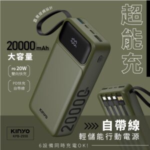 KINYO WH標示 20000mAh 20W快充 超能充．自帶線輕儲能行動電源